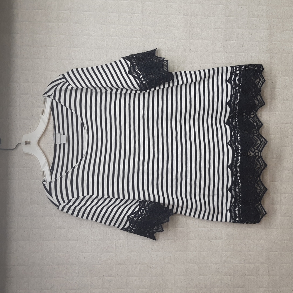 Chico's Black and White Striped Lace-Trim Jersey Top